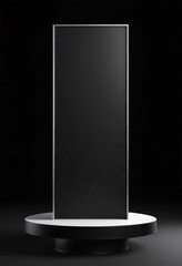 Poster - Black podium or pedestal display on dark background with long platform. Blank product shelf standing backdrop. 3D rendering