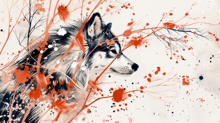 Sticker -  A wolf painting with red splatters on its face and behind its head is accompanied by a tree - its red leaves and berries matched in hue