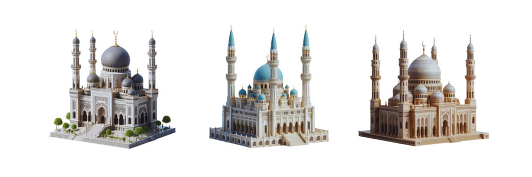 Set of Three Illustration of 3D illustration of mosque building, Islamic Festival Concept, isolated over on transparent white background