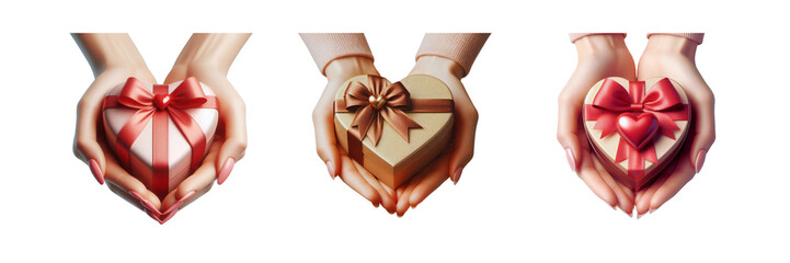 Wall Mural - Set of Three Hand holding Heart Love shape Gift box with bow ribbon, isolated over on transparent white background