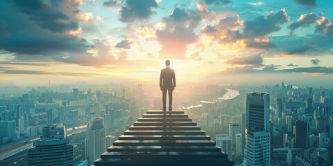 Businessman standing on top of the stairs with city background, business success concept, photo for stock photography, copy space, high resolution, high detail,