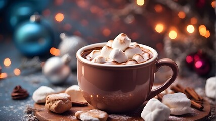 Wall Mural - Close up mug with hot chocolate with melted marshmallow, christmas winter decorations background