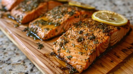 Canvas Print - A mouth-watering image of cedar plank grilled salmon garnished with herbs, garlic, and spices.

