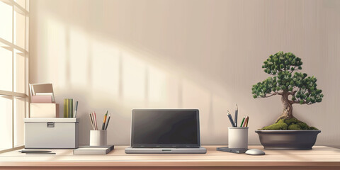 Wall Mural - Japanese Minimalist Desk: A clean desk with a simple laptop, neatly organized stationery, and a small bonsai tree, representing the organizational skills and aesthetics 