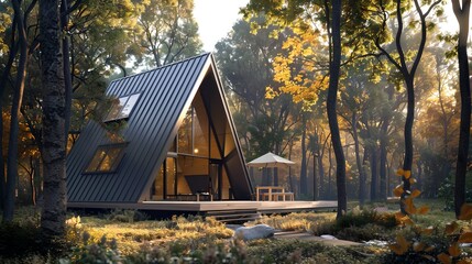 Modern A-frame cabin in a forest during autumn season. Cozy and contemporary design with large windows. Perfect for nature retreats and weekend getaways. AI