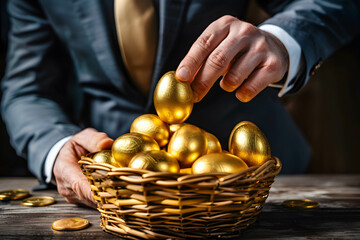 Wall Mural - Investing in value stock, company analysis using fundamentals, Investment management through risk diversification or portfolio management, basket of golden eggs with a businessman