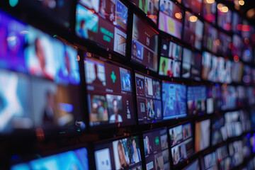 wall of multiple television screens for video broadcast