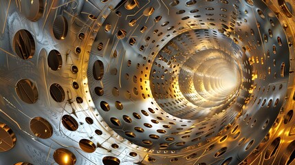 Wall Mural - Abstract image of illuminated metallic tunnel with golden light. Futuristic and industrial style background. Ideal for tech, sci-fi and design purposes. AI