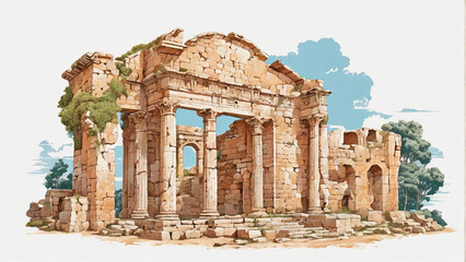 Wall Mural - Temple ruins in an ancient citys Illustration  