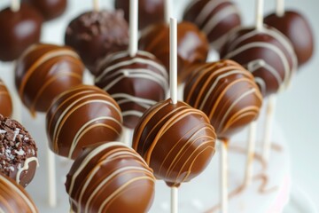 Poster - Closeup of delicious chocolate cake pops with various toppings and drizzles, arranged on a stand