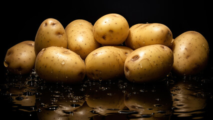 Wall Mural - Fresh Potatoes with Water Droplets on Black Background

