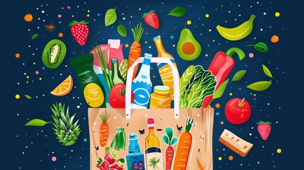 Wall Mural - Paper bag full of groceries with sketches on dark blue background. Healthy food. Grocery store. Vector illustration. --ar 16:9 Job ID: 1c8de8f4-d2de-4fe6-b74e-d414fb4aad4a