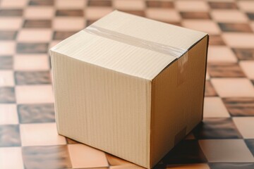 Sticker - Closed cardboard box with packing tape on a unique checkered background