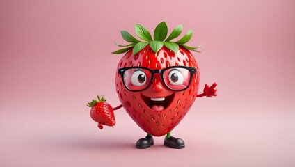 Sticker - happy strawberry character with glasses on pink background, with copy space, space for text and, strawberry flavor 