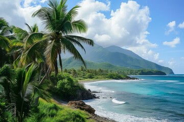 Poster - Exotic and pristine tropical paradise beach landscape with palm trees. Lush greenery. Tranquil blue sky. And clear turquoise water