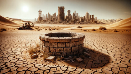 Dry well and desolate post-apocalyptic city with mix of buildings and skyscrapers in various states of destruction surrounded by barren and arid environment.