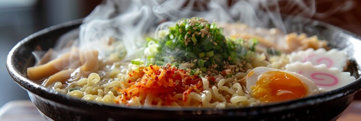 Wall Mural - A closeup of a steaming bowl of ramen noodles with rich broth and various toppings