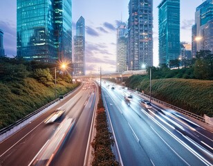 Light flow of traffic on a evening highway in a city with modern high buildings