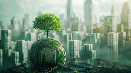 futuristic green metropolis with globe and tree sustainable city development concept digital art