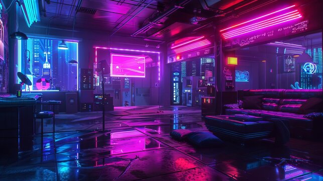 futuristic neonlit room in cyberpunk dystopian new york city digital concept art illustration