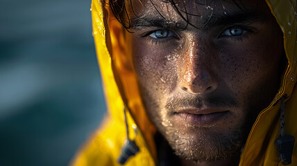 Portrait of a attractive young fisherman at the end of the job day. A day in the hard life of professional fishermen.