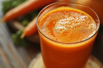 Wall Mural - Closeup of a glass filled with nutritious carrot juice surrounded by fresh carrots