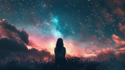 Wall Mural - girl gazing at starry night sky with glowing galaxy concept of hope and peace digital art