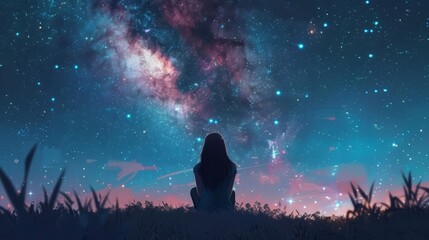 Wall Mural - girl gazing at starry night sky with glowing galaxy concept of hope and peace digital art