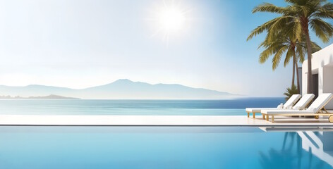 Wall Mural - Private Swimming Pool with panoramic sea view at luxury villa, sun loungers, clear water.