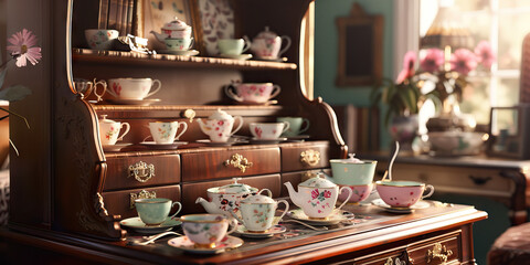 british tea party hostess's desk: a lovely desk in a cozy sitting room, with an array of delicate te