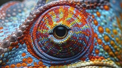 Chameleon eye detail, intricate patterns, and vibrant colors, captured in an extreme closeup shot for a stunning display of nature's beauty.