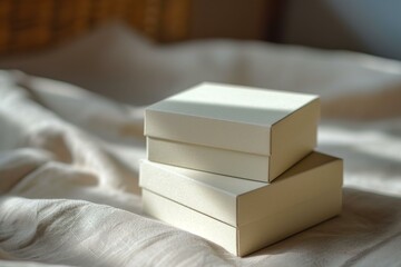 Canvas Print - Elegant simple white boxes piled neatly on a textured fabric, bathed in natural light