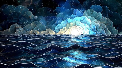 Wall Mural - A beautiful blue ocean with a large white sun in the sky