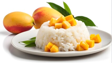 Wall Mural - delicious plate of mango and sticky rice isolated on a white background