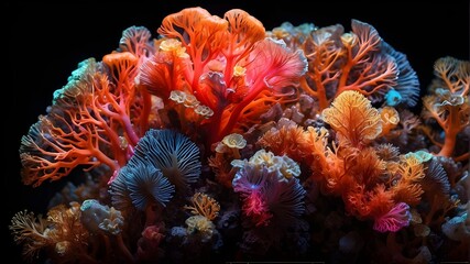 Wall Mural - colourful fluorescent coral isolated on black background
