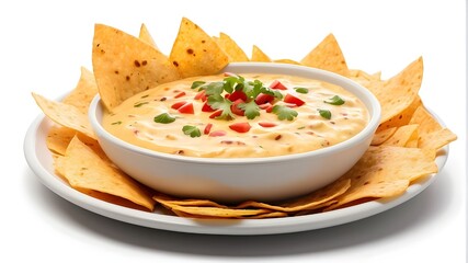 Wall Mural - Delicious Plate of Tortilla Chips and Queso Dip Isolated