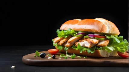 Wall Mural - chicken breast sandwich with salad isolated on a black background