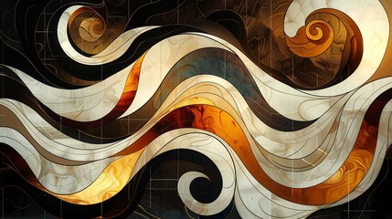 A painting of a wave with gold and brown colors