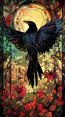 Wall Mural - A black bird with a red flower in its beak