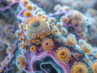 Wall Mural - Virus under microscope, highly detailed and colorful, scientific setting.