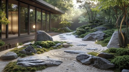 Sticker - Zen gardens, peaceful settings with natural elements, calming and serene, soft lighting create a tranquil atmosphere perfect for relaxation and reflection.