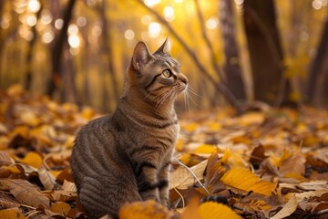 Wall Mural - Contemplative tabby cat sits among a carpet of yellow autumn leaves