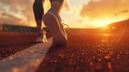 The detailed shot of an athletic runner's shoe in mid-stride on a stadium track, with the warm glow of the sunset creating a dramatic atmosphere of training and dedication