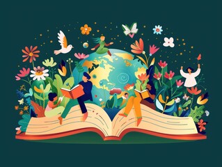 People celebrate Literacy Day by reading books on the Earth. flat vector illustration background.