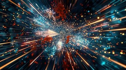 Abstract technology background showcasing high speed global data transfer, ultra-fast broadband connections, digital explosion, and cyber tech motion.