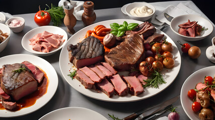 Meat Dinner: lamb chops with vegetables, tomatoes and herbs