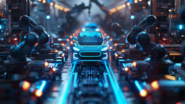 Creative Background, Automated Car Factory Concept, Robotic Arm Building Cars, Blue Glowing Bright Line,generative ai