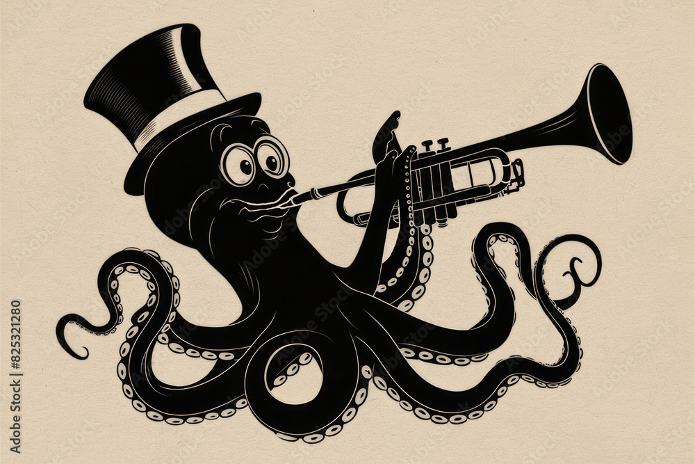 Whimsical black and white illustration of an octopus wearing a top hat ...