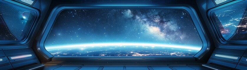 Stunning view of Earth from a futuristic spaceship window with a background of space and stars. Perfect for sci-fi themes and space exploration concepts.