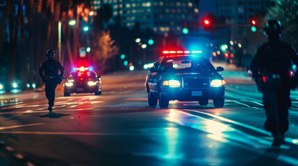 A police officer is walking down the street with a police car behind him